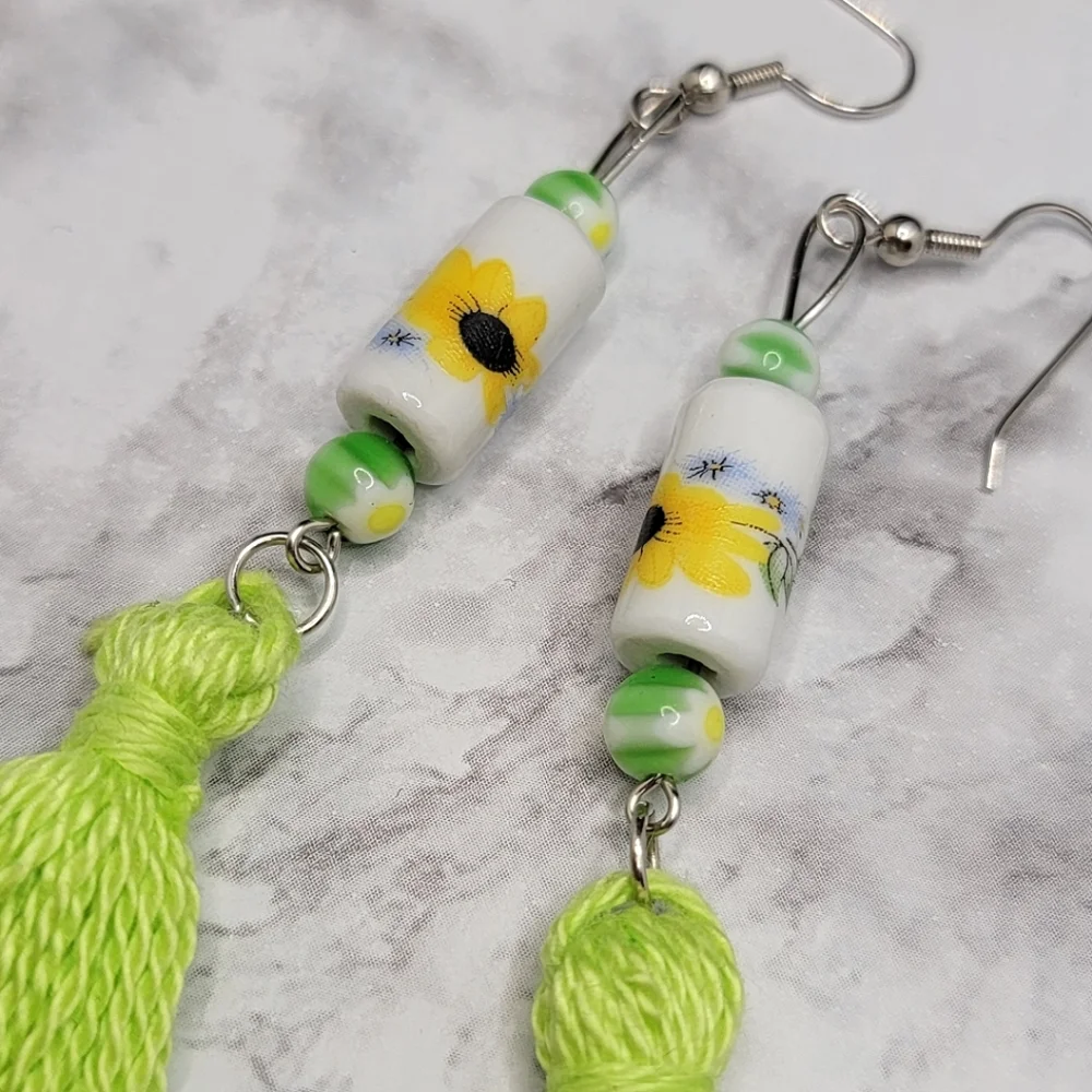 Handmade Tassel Earrings Lime Green Sunflower Daisy Boho Hippie Chic